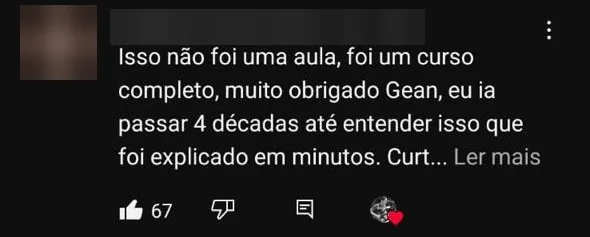 Comentário de aluno sobre as aulas do Gean, com nome e foto borrados